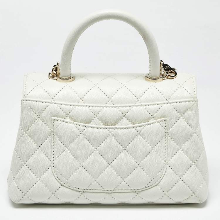 Pre Owned Chanel White Quilted Caviar Leather Mini Coco Top Handle Bag