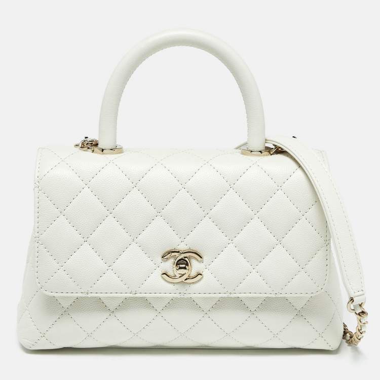 Pre Owned Chanel White Quilted Caviar Leather Mini Coco Top Handle Bag