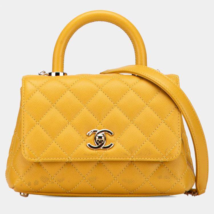 Pre Owned Chanel Yellow Extra Mini Quilted Caviar Coco Top Handle Bag