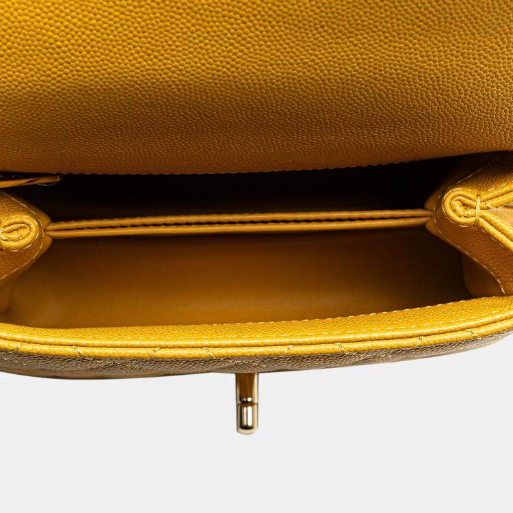 Pre Owned Chanel Yellow Extra Mini Quilted Caviar Coco Top Handle Bag