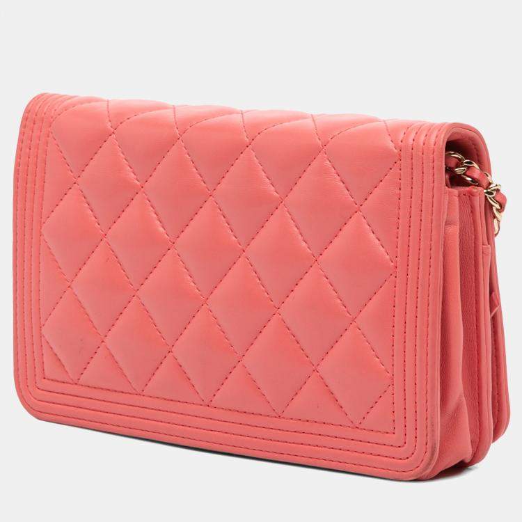 Pre Owned Chanel Pink Lambskin Boy Wallet On Chain