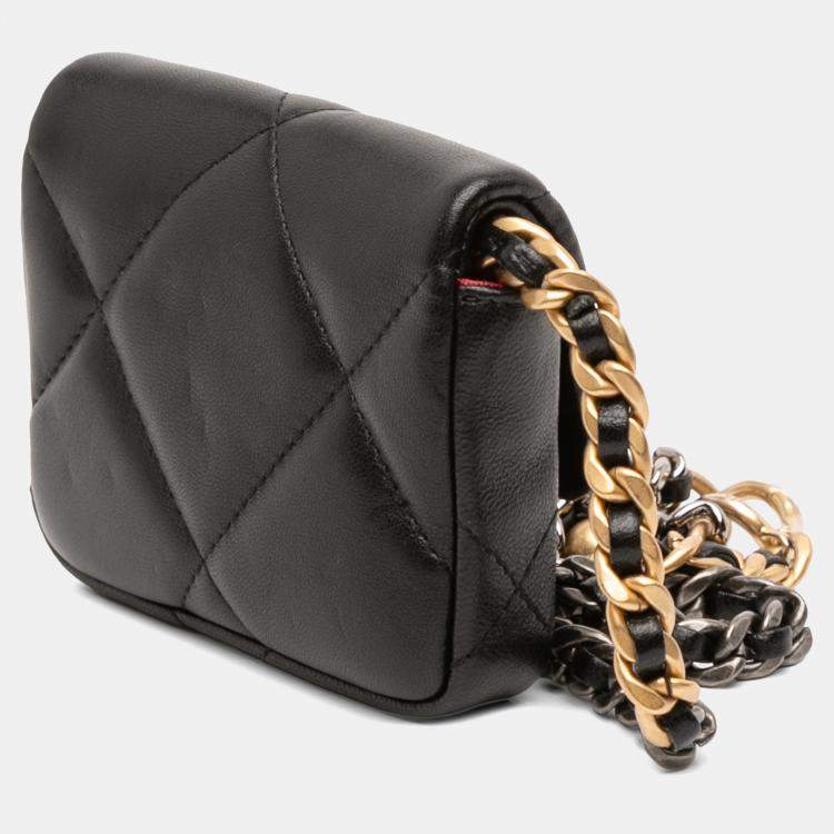 Pre Owned Chanel Black Lambskin 19 Flap Coin Purse With Chain