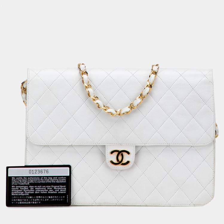 Pre Owned Chanel White CC Quilted Lambskin Single Flap
