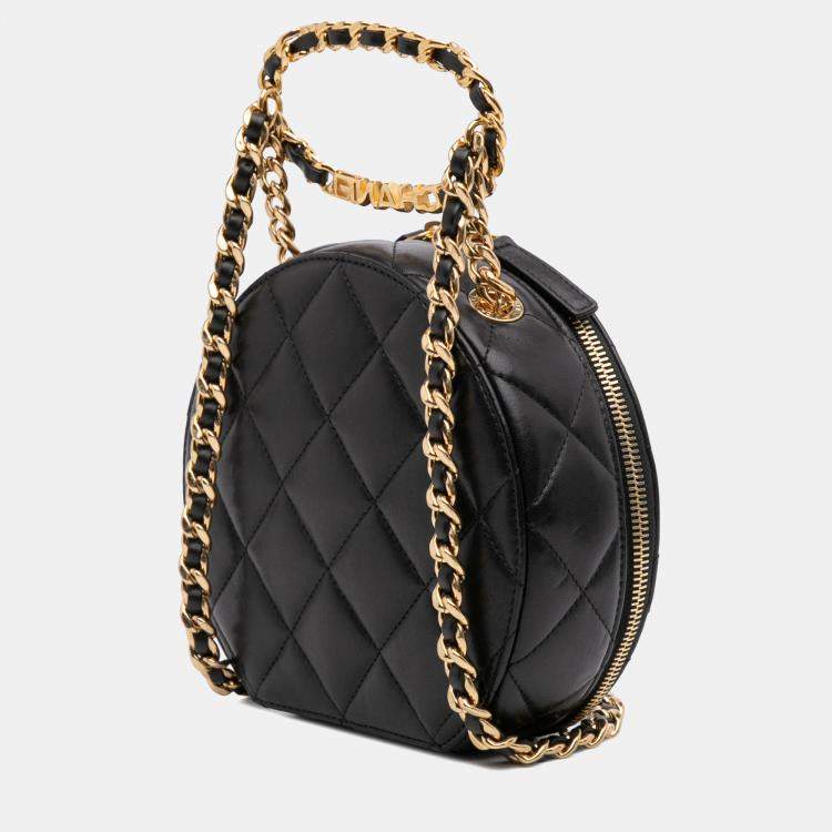 Pre Owned Chanel Black Quilted Lambskin Oval Logo Chain Top Handle Round Clutch on Chain