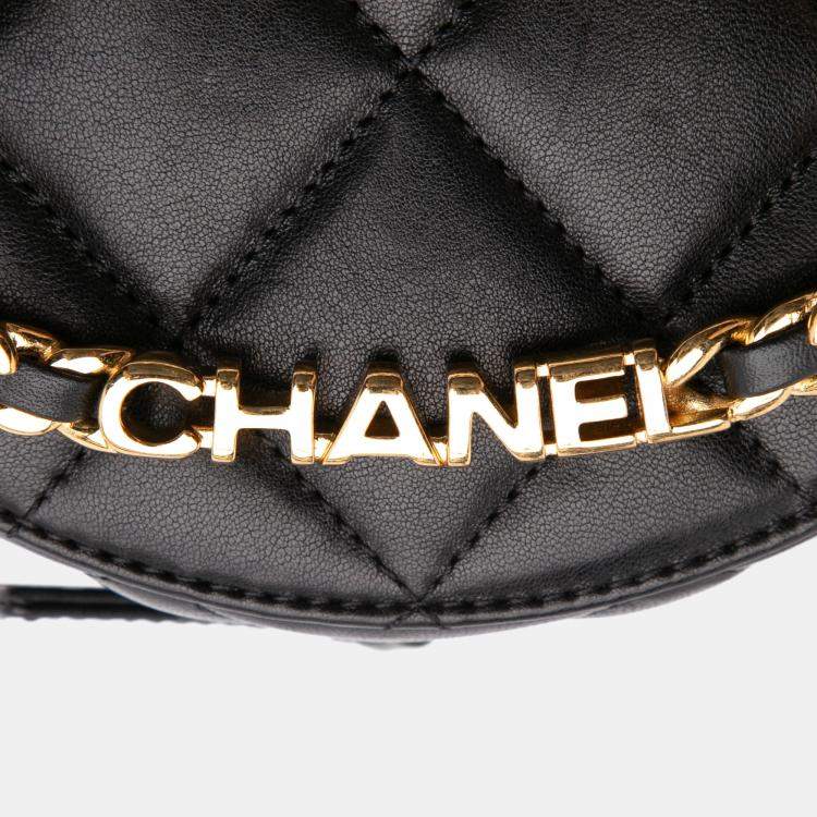 Pre Owned Chanel Black Quilted Lambskin Oval Logo Chain Top Handle Round Clutch on Chain
