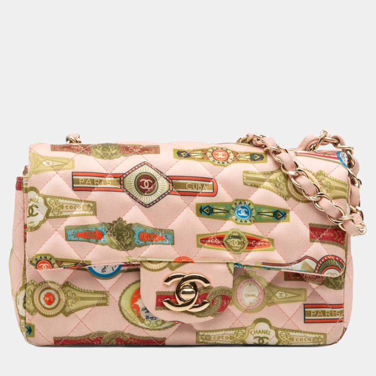 Pre Owned Chanel Pink Mini Rectangular Classic Printed Satin Cuba Single Flap