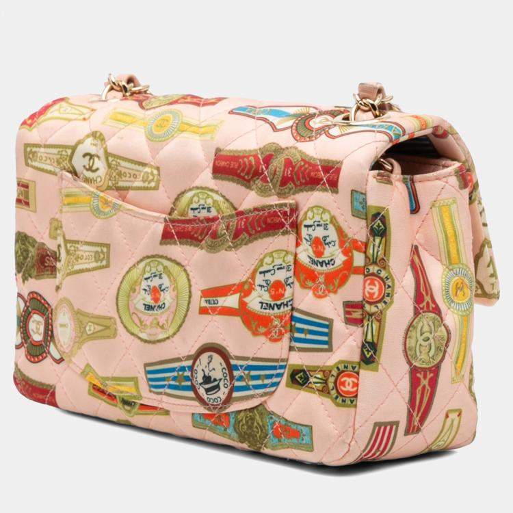 Pre Owned Chanel Pink Mini Rectangular Classic Printed Satin Cuba Single Flap