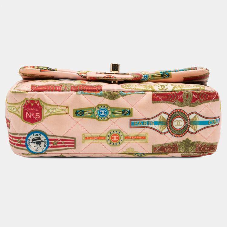 Pre Owned Chanel Pink Mini Rectangular Classic Printed Satin Cuba Single Flap