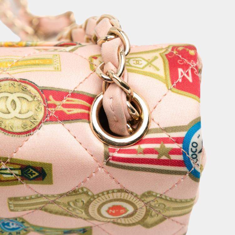 Pre Owned Chanel Pink Mini Rectangular Classic Printed Satin Cuba Single Flap