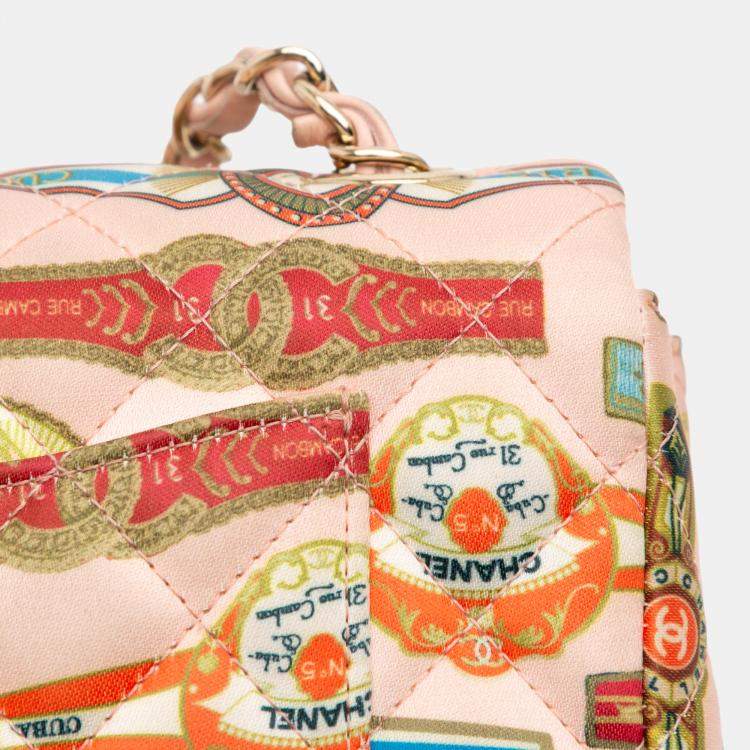 Pre Owned Chanel Pink Mini Rectangular Classic Printed Satin Cuba Single Flap