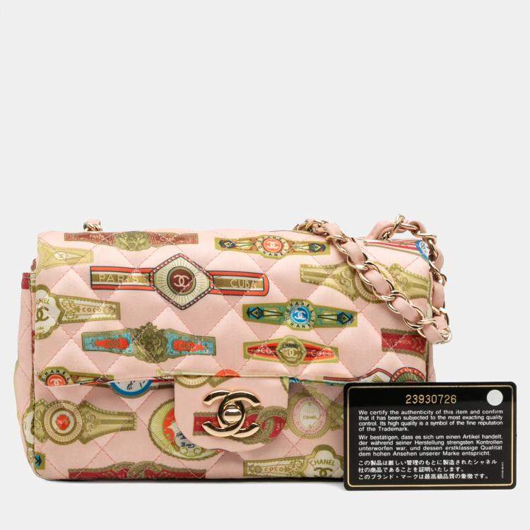 Pre Owned Chanel Pink Mini Rectangular Classic Printed Satin Cuba Single Flap