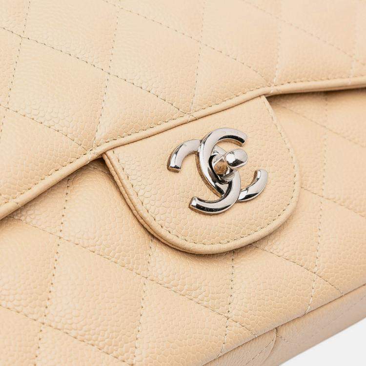 Pre Owned Chanel Beige Brown Jumbo Classic Caviar Double Flap