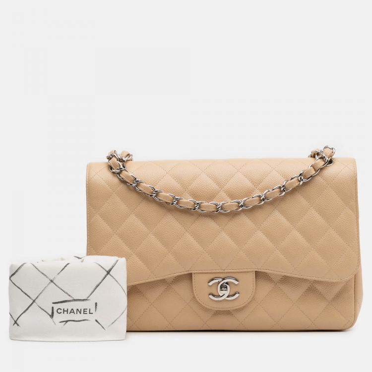 Pre Owned Chanel Beige Brown Jumbo Classic Caviar Double Flap