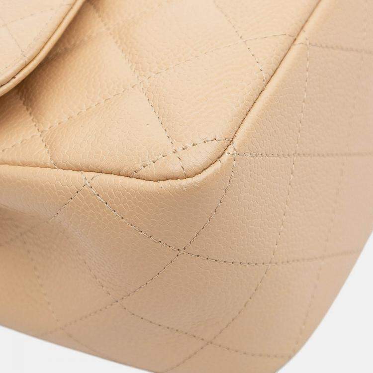 Pre Owned Chanel Beige Brown Jumbo Classic Caviar Double Flap