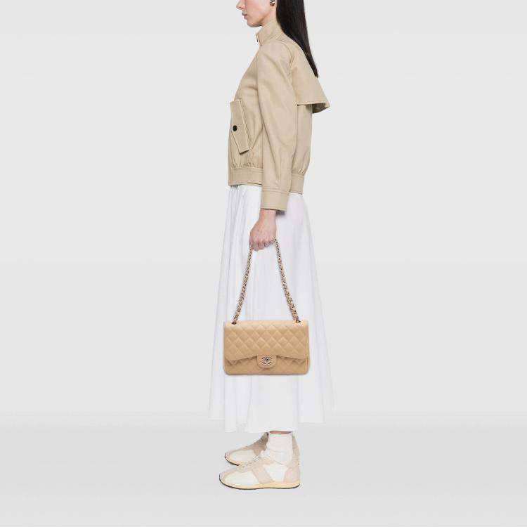 Pre Owned Chanel Beige Brown Jumbo Classic Caviar Double Flap