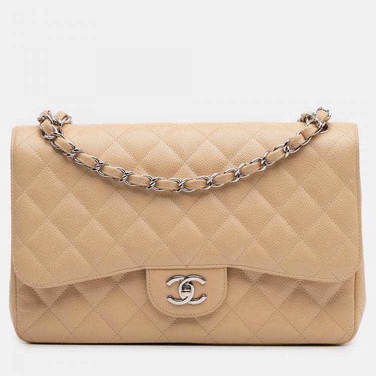 Pre Owned Chanel Beige Brown Jumbo Classic Caviar Double Flap
