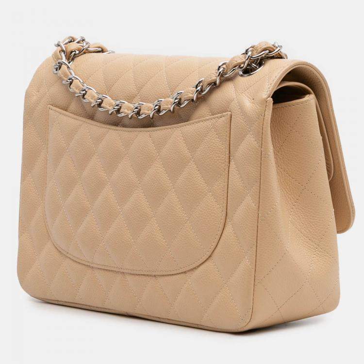 Pre Owned Chanel Beige Brown Jumbo Classic Caviar Double Flap