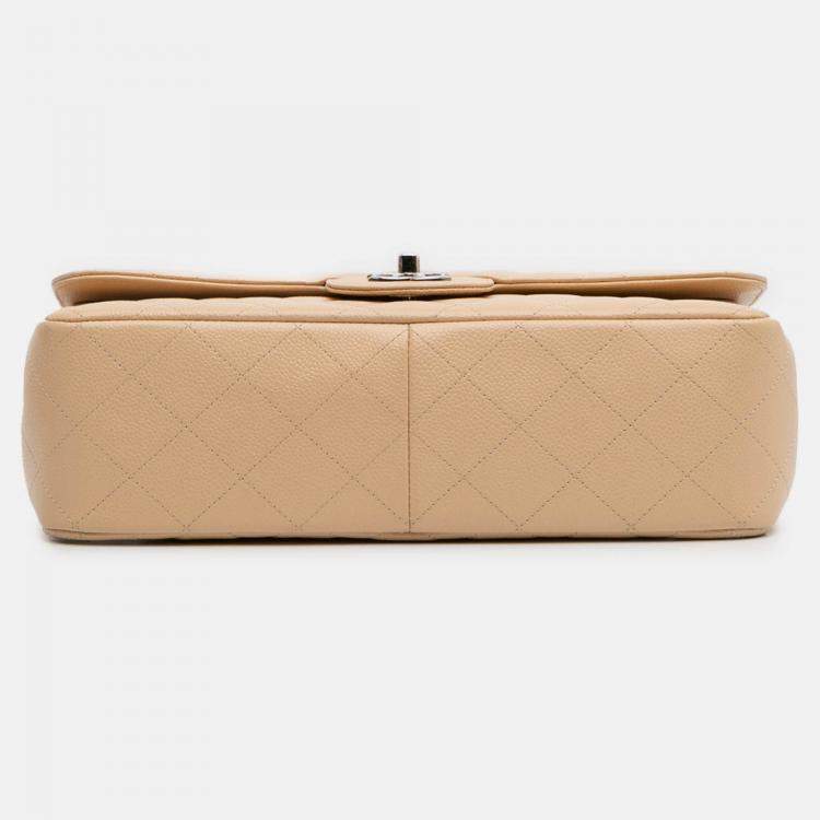 Pre Owned Chanel Beige Brown Jumbo Classic Caviar Double Flap