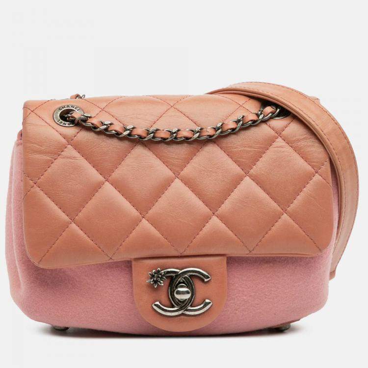 Pre Owned Chanel Pink Paris Salzburg Mini Quilted Glazed Calfskin and Felt Edelweiss Flower Flap