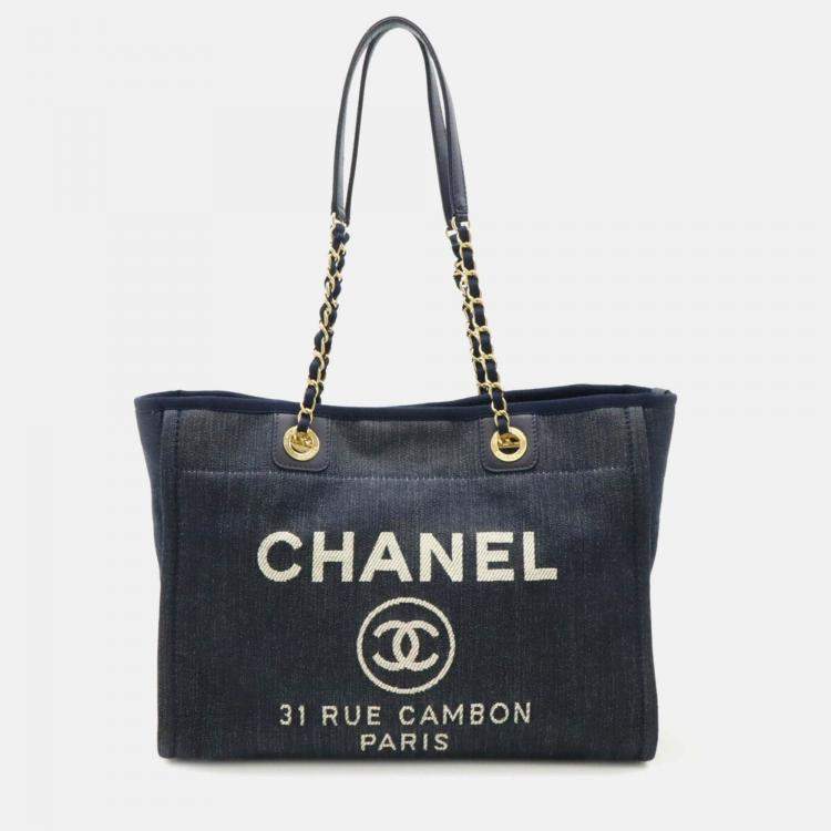 Pre Owned Chanel Deauville Navy Blue Denim Medium Chain Shoulder Bag 