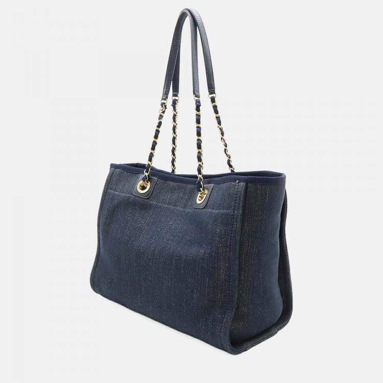 Pre Owned Chanel Deauville Navy Blue Denim Medium Chain Shoulder Bag 