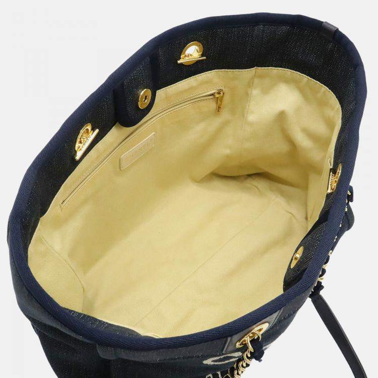 Pre Owned Chanel Deauville Navy Blue Denim Medium Chain Shoulder Bag 