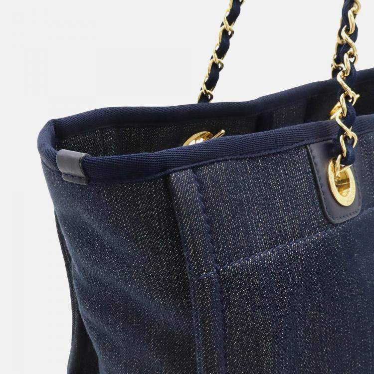 Pre Owned Chanel Deauville Navy Blue Denim Medium Chain Shoulder Bag 