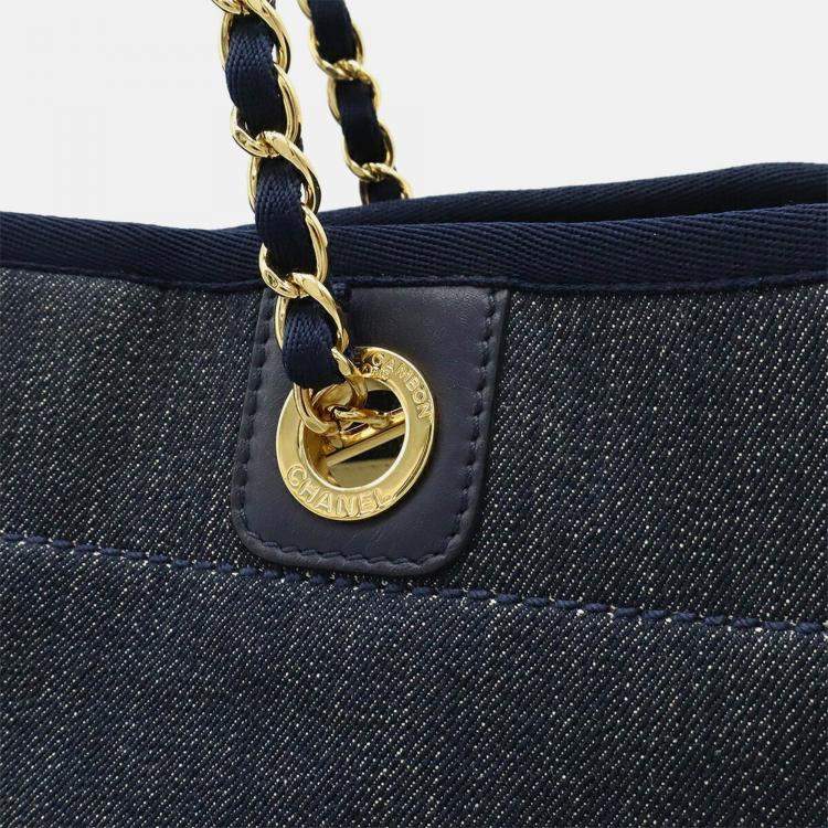Pre Owned Chanel Deauville Navy Blue Denim Medium Chain Shoulder Bag 