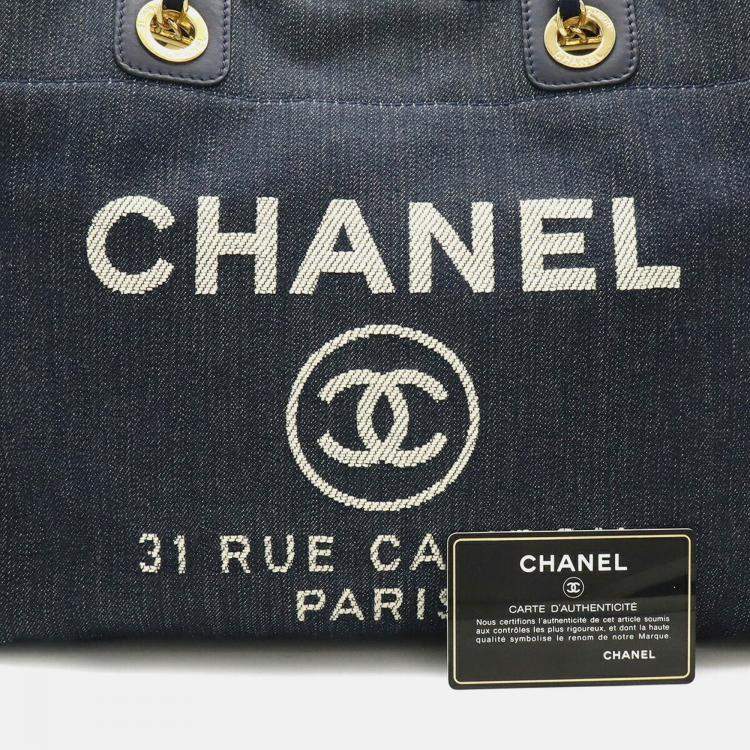 Pre Owned Chanel Deauville Navy Blue Denim Medium Chain Shoulder Bag 