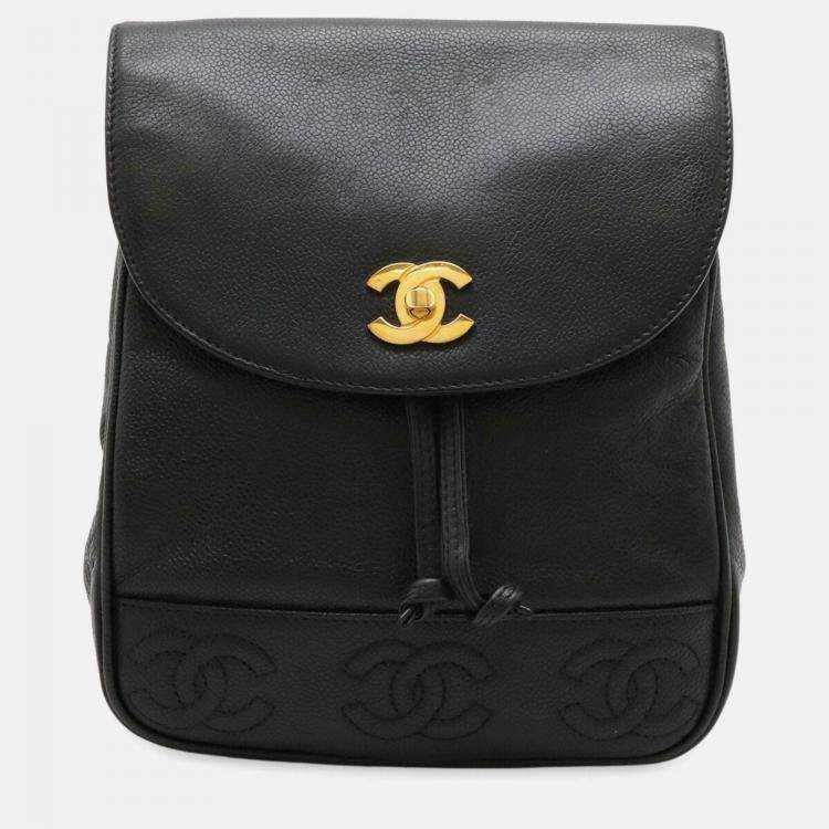 Pre Owned Chanel Triple Coco Mark Black Caviar Leather Backpack