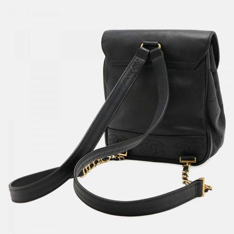 Pre Owned Chanel Triple Coco Mark Black Caviar Leather Backpack