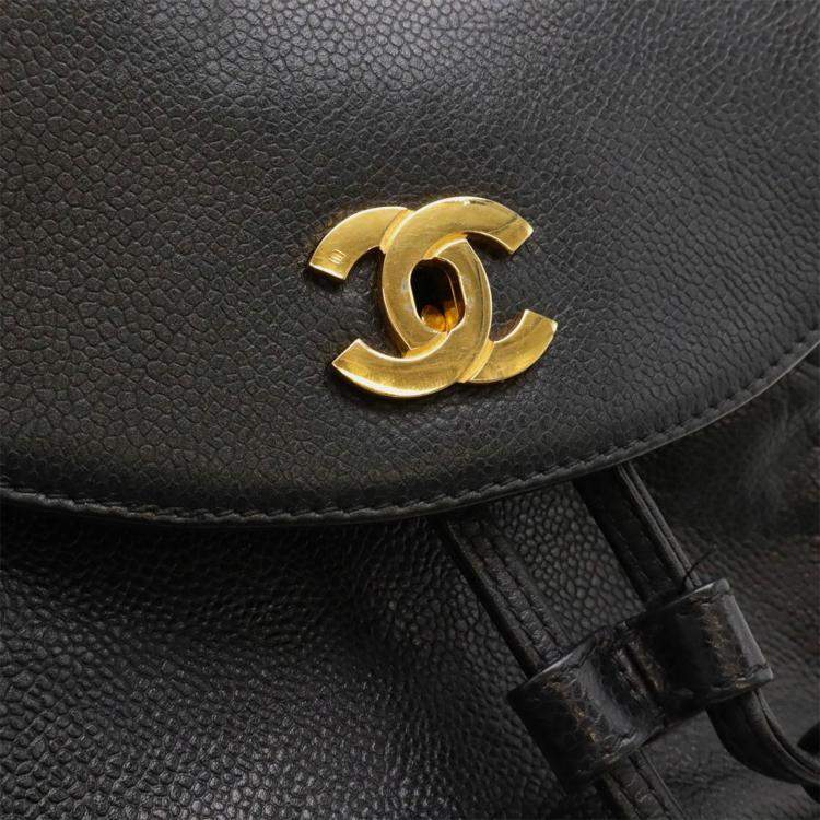 Pre Owned Chanel Triple Coco Mark Black Caviar Leather Backpack