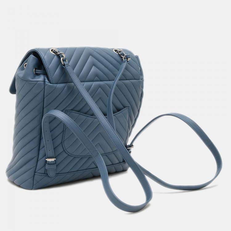 Pre Owned Chanel Chevron Blue Lambskin Backpack