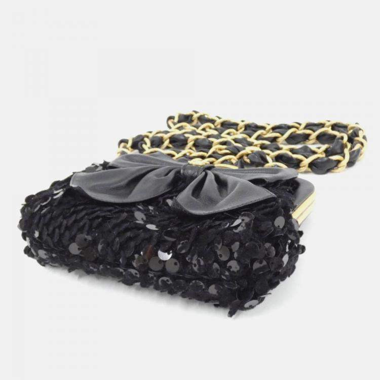Pre Owned Chanel Black Spangle Tweed Bow Chain Clutch