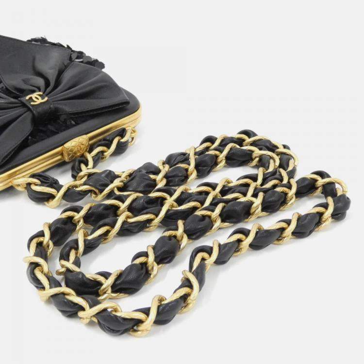 Pre Owned Chanel Black Spangle Tweed Bow Chain Clutch