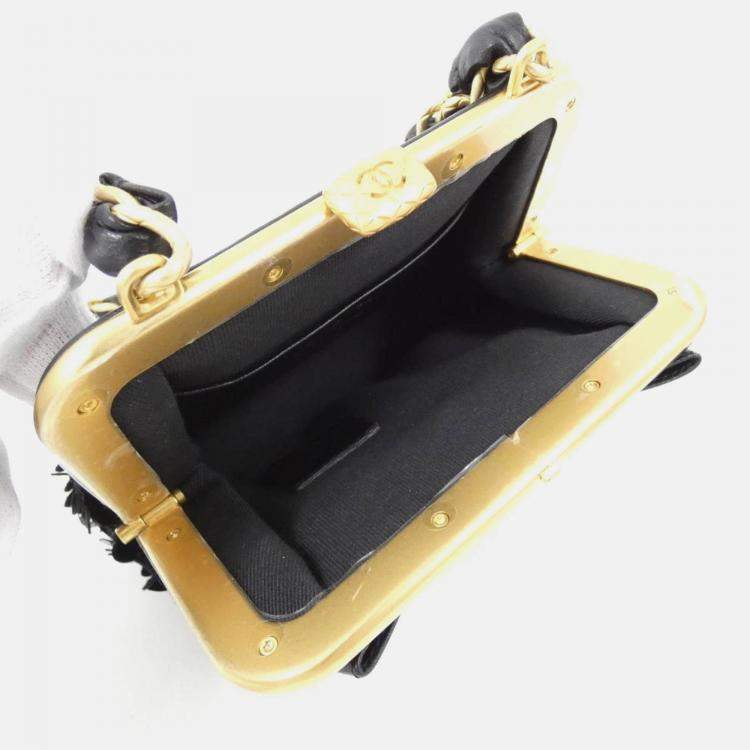 Pre Owned Chanel Black Spangle Tweed Bow Chain Clutch
