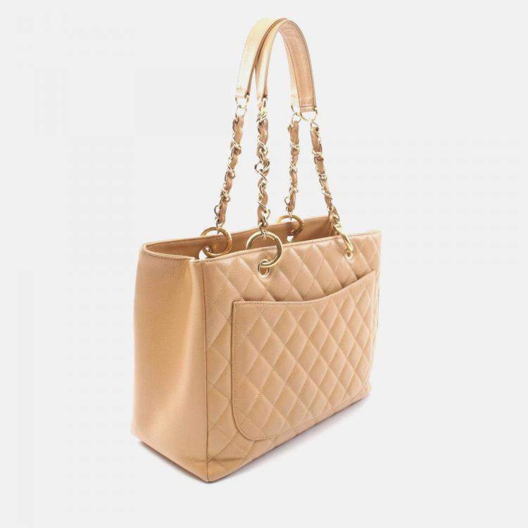 Pre Owned Chanel Matelasse Grand Gst Tote Bag Leather Grained Calfskin Brown