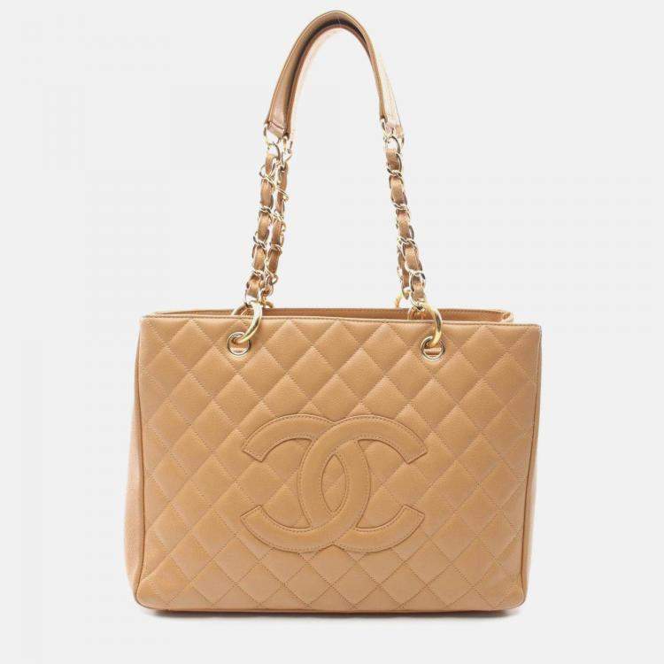 Pre Owned Chanel Matelasse Grand Gst Tote Bag Leather Grained Calfskin Brown