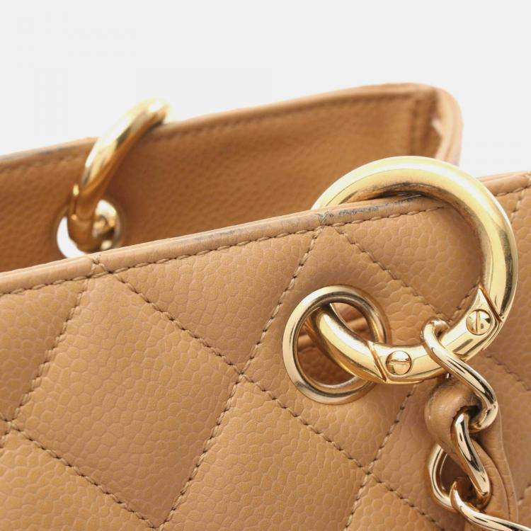 Pre Owned Chanel Matelasse Grand Gst Tote Bag Leather Grained Calfskin Brown