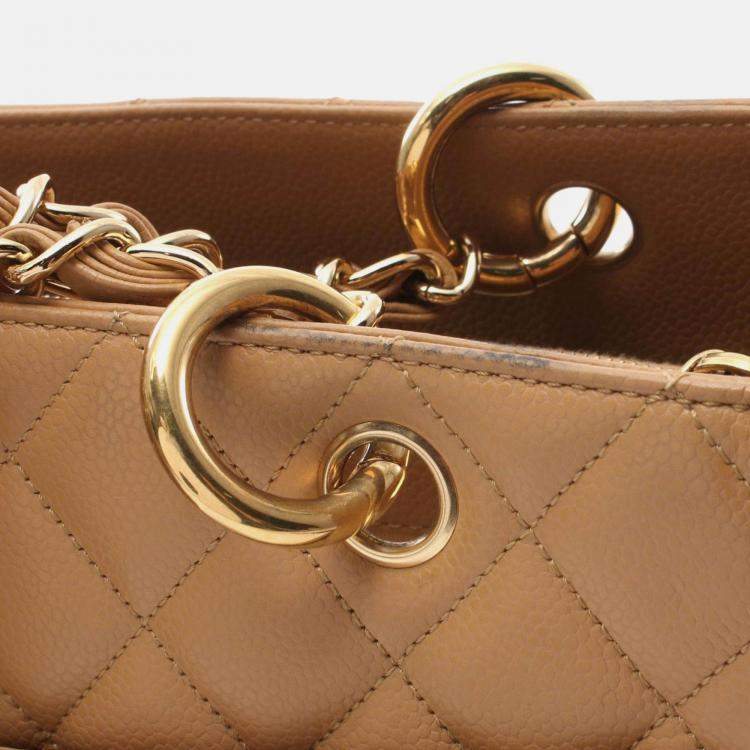 Pre Owned Chanel Matelasse Grand Gst Tote Bag Leather Grained Calfskin Brown