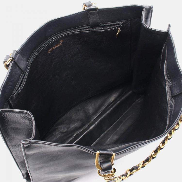 Pre Owned Chanel Deka Coco Mark Tote Bag Lambskin Leather Black