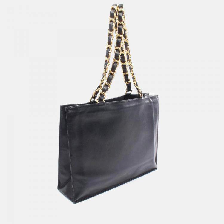 Pre Owned Chanel Deka Coco Mark Tote Bag Lambskin Leather Black