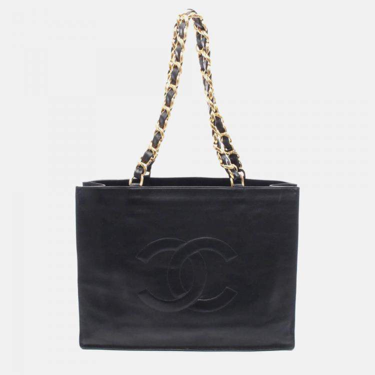 Pre Owned Chanel Deka Coco Mark Tote Bag Lambskin Leather Black