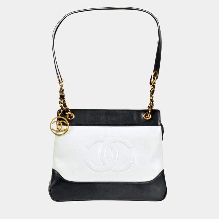 Pre Owned Chanel Two-Tone Coco Mark Chain Tote Shoulder Bag Leather White Navy