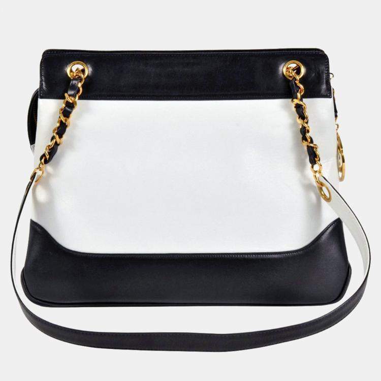 Pre Owned Chanel Two-Tone Coco Mark Chain Tote Shoulder Bag Leather White Navy