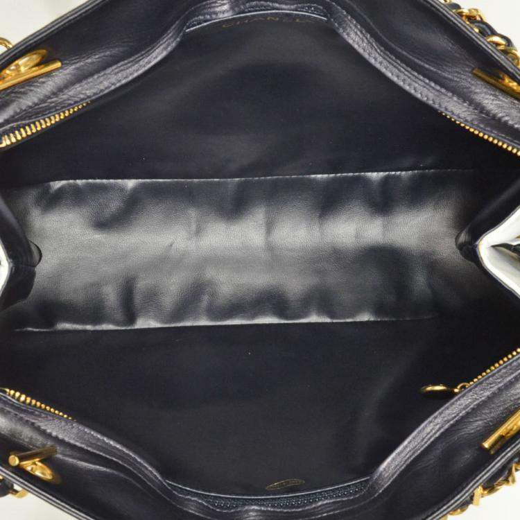 Pre Owned Chanel Two-Tone Coco Mark Chain Tote Shoulder Bag Leather White Navy