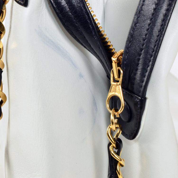 Pre Owned Chanel Two-Tone Coco Mark Chain Tote Shoulder Bag Leather White Navy