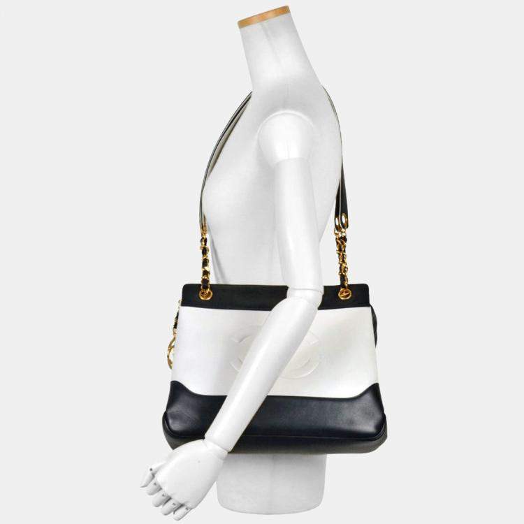 Pre Owned Chanel Two-Tone Coco Mark Chain Tote Shoulder Bag Leather White Navy