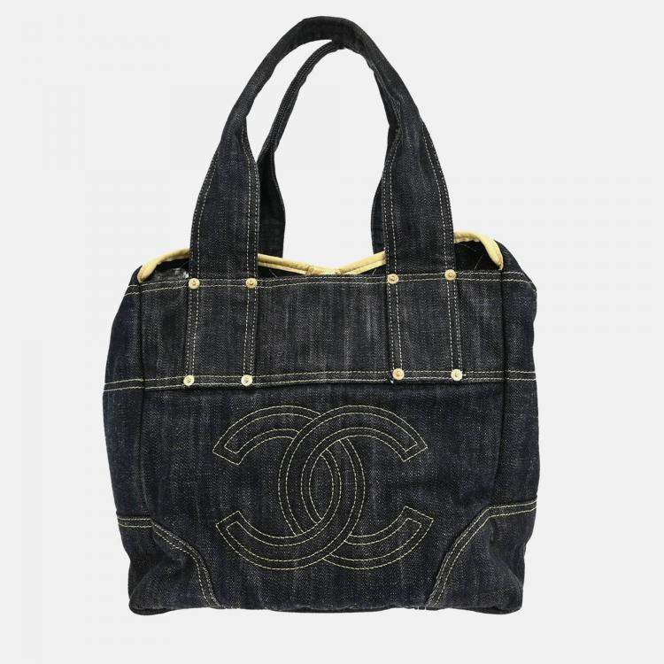 Pre Owned Chanel Navy Sparkling Denim Tote Handbag