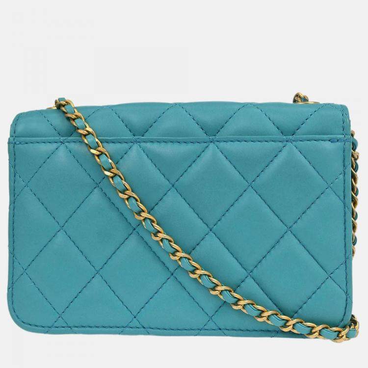 Pre Owned Chanel Light Blue Lambskin Turnlock Full Flap Shoulder Bag